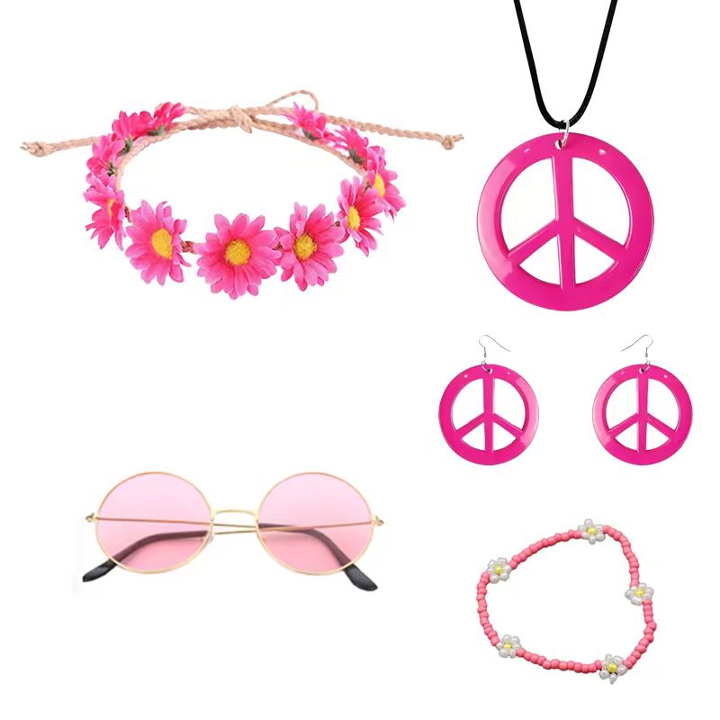 Women'S Accessories In The 70S - PESENAR Hippie-Kostüm-Zubehör-Set, Boho Peace Sign Gänseblümchen-Blume,