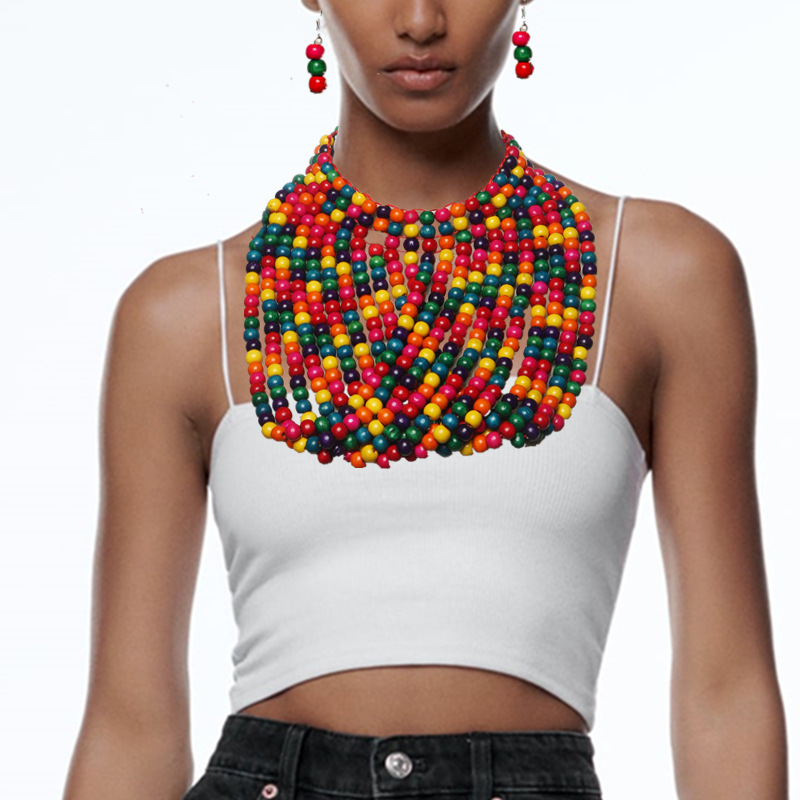 Women Accessories In Amazon - Mehrschichtiges Halsketten-Set mit Holzperlen und Fransen